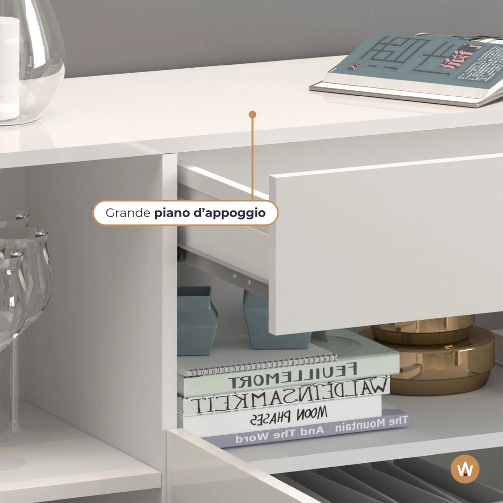 WHOUS Credenza Potenza con 2 ante 1 ribalta e 1 cassetto bianco lucido 180x40x80 cm