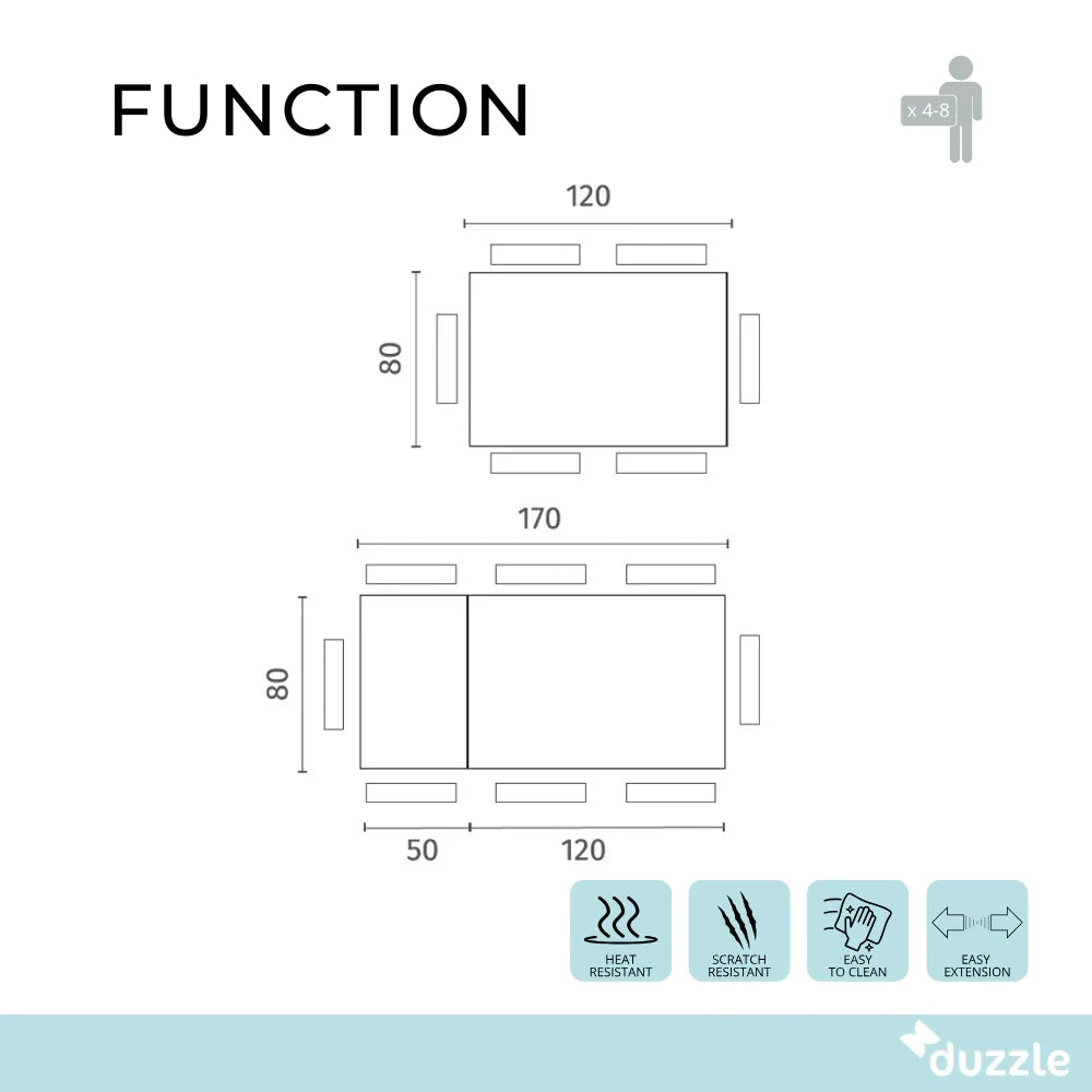 Tavolo da pranzo allungabile in vetro temperato bianco Function 120-170x80 cm fino a 8 posti | Duzzle