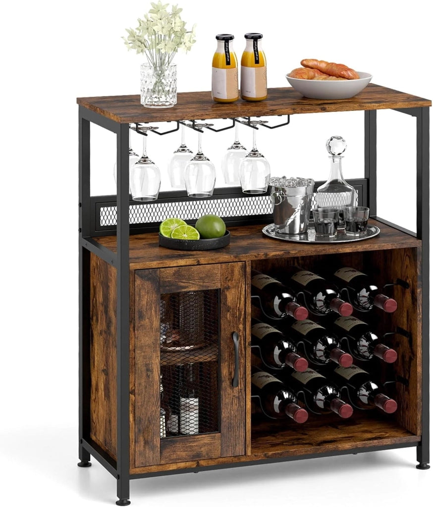 Cantinetta Porta Bottiglie di Vino, Armadietto per Vino con Portabicchieri, Scaffale Aperto e Ripiano Rimovibile, Credenza in Legno Industriale per Cucina e Sala da Pranzo, 75 x 34 x 90,5 cm