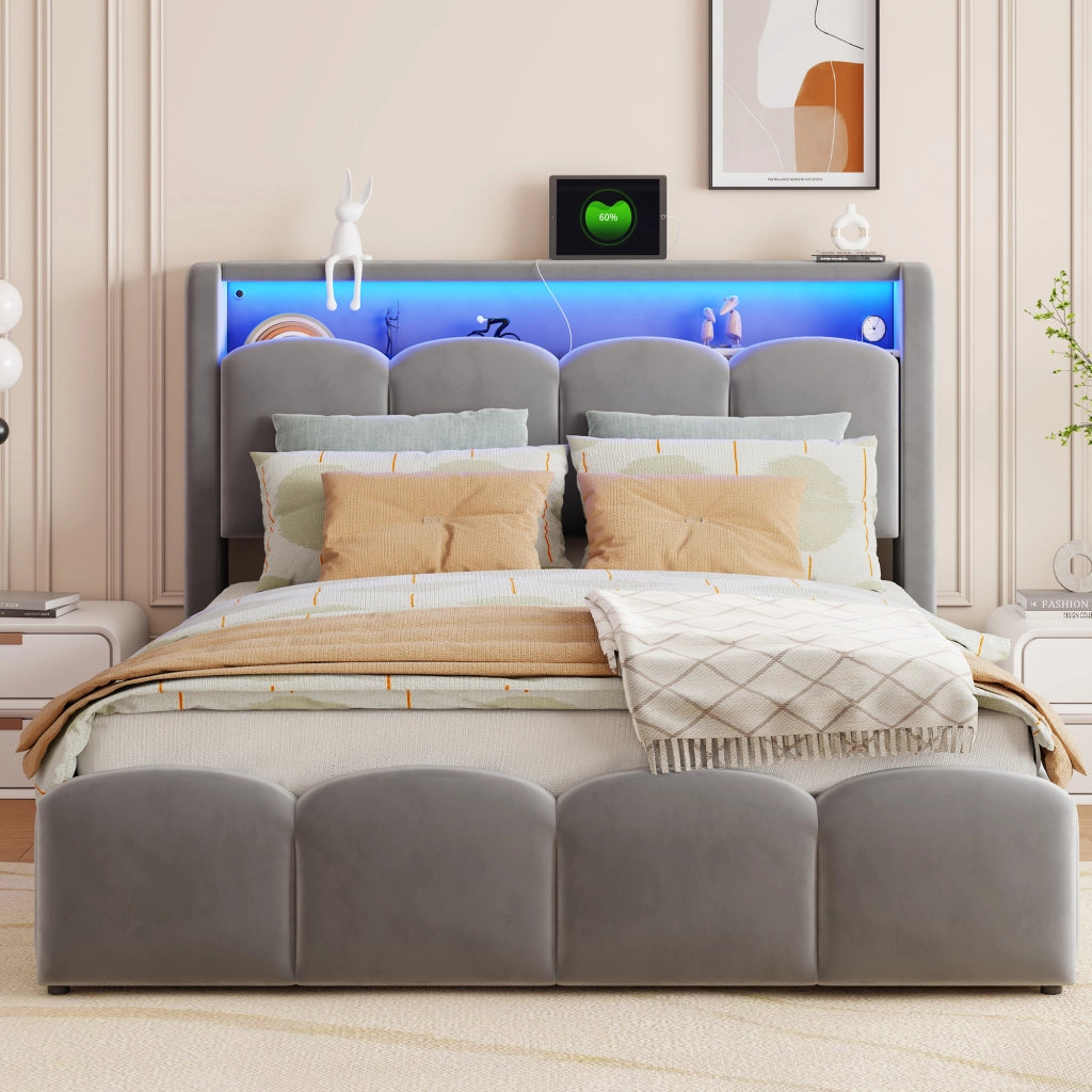 Letto imbottito matrimoniale 140 × 200 cm con contenitore, testiera con USB e Type-C, LED e velluto grigio