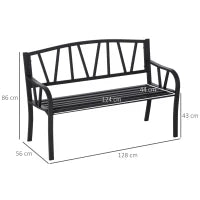 Panchina da Giardino in Metallo Nero Impermeabile, Panca da Esterno in Ferro 2 Posti, 128x56x86cm