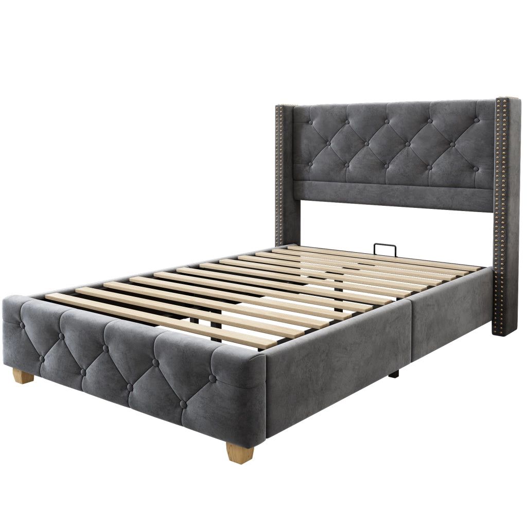 Letto Singolo 90 x 200 cm con Testiera Imbottita; Borchie Decorative e Piedini in Legno; senza Materasso; Grigio