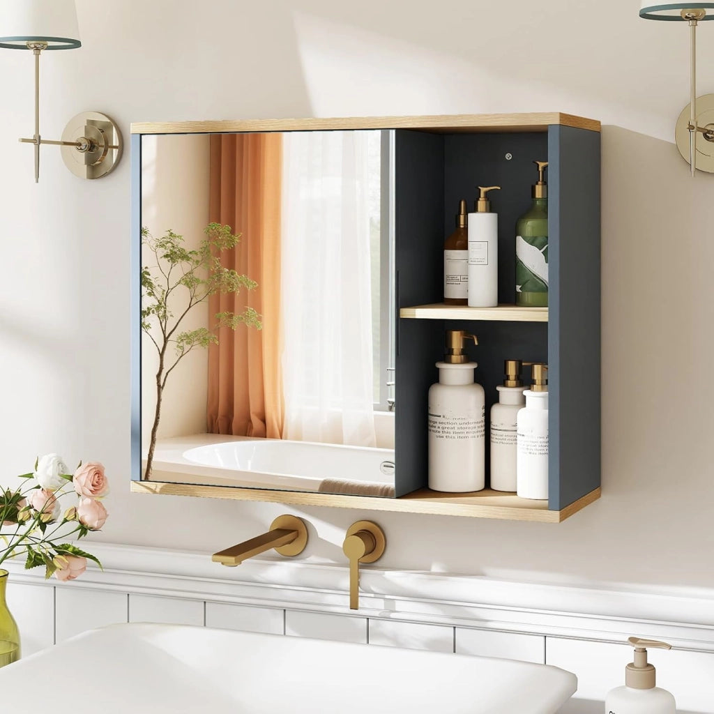 Armadio da Bagno con Specchio, Mobile da Parete con Porta Specchiata, Ripiano Regolabile e Scomparti Laterali Aperti, Mobile Salvaspazio per Soggiorno
