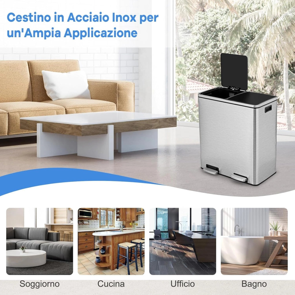 60 L Pattumiera per Differenziata 2 Scomparti, Secchi Spazzatura a Pedale in Acciaio, Cestino per la Spazzatura per il Bagno Cucina Ufficio Casa, 60 x 33 x 66 cm