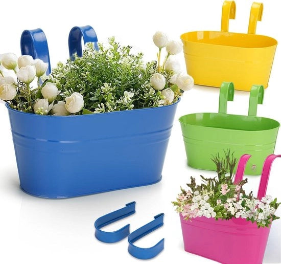 Pianta in Sospensione, Vasca di Fienile in Acciaio, Bancone di Giardino in Metallo per Pianta in Sospensione, Vasca Decorativa per Fiori - Ganci Rimovibili (4 pezzi)