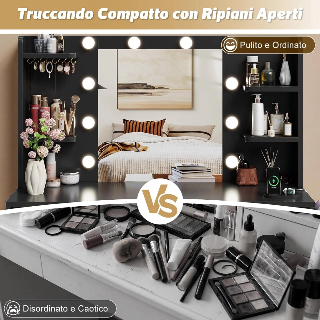 Mobile da Trucco Moderno con Illuminazione e Presa - Grande Comodino con Specchio, 9 Cassetti e Porta Phon, Tavolo Vanity per il Make-up (Nero)