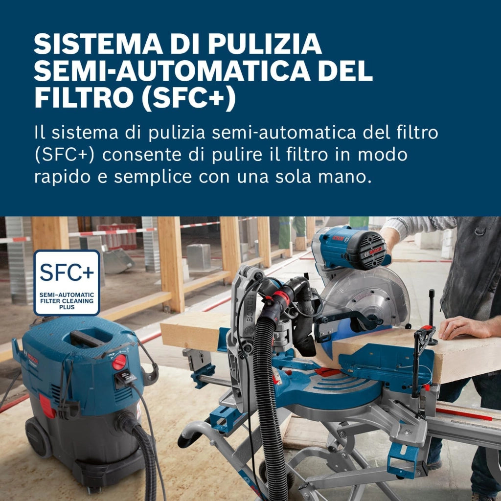 Bosch Professional Asp. a umido/a secco GAS 35 L SFC+ (1 filtro in cell. piegh. piatto, bocch. a lancia, sacch., raccordo, set bocch. pav., tubo fles. 3 m con buss. portaut., 3 x 0,35 m tubo asp.)