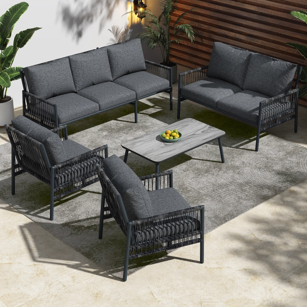 Set Divano da Giardino 7 Posti con Tavolino ¨C MINIMAL ¨C Polyrattan Grigio, Vetro, Cuscini Rimovibili