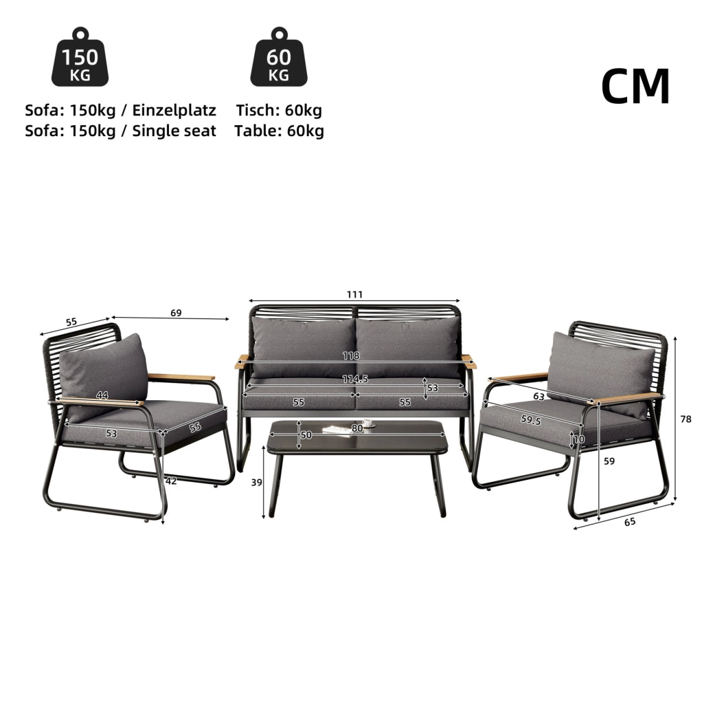 Set lounge da giardino 4 posti con tavolino; struttura in ferro zincato; nero