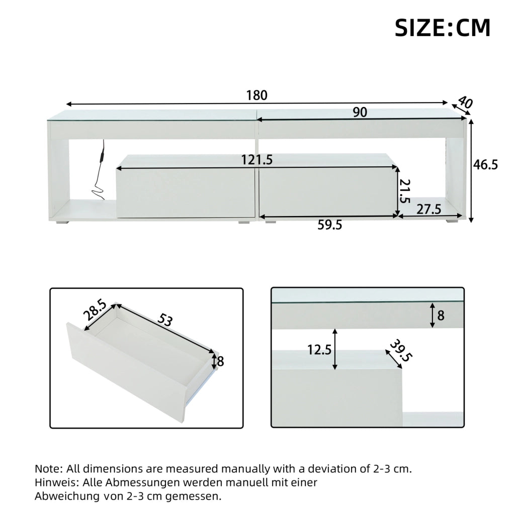 Mobile TV ULEVR 180x40x46 cm con LED dimmerabile, 2 cassetti e vetro temprato, bianco