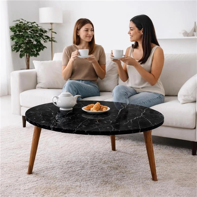 TABLE TAVOLINO TONDO DA CAFFÈ CON PIANO AD EFFETTO MARMO NERO DA D.75X43H  CM