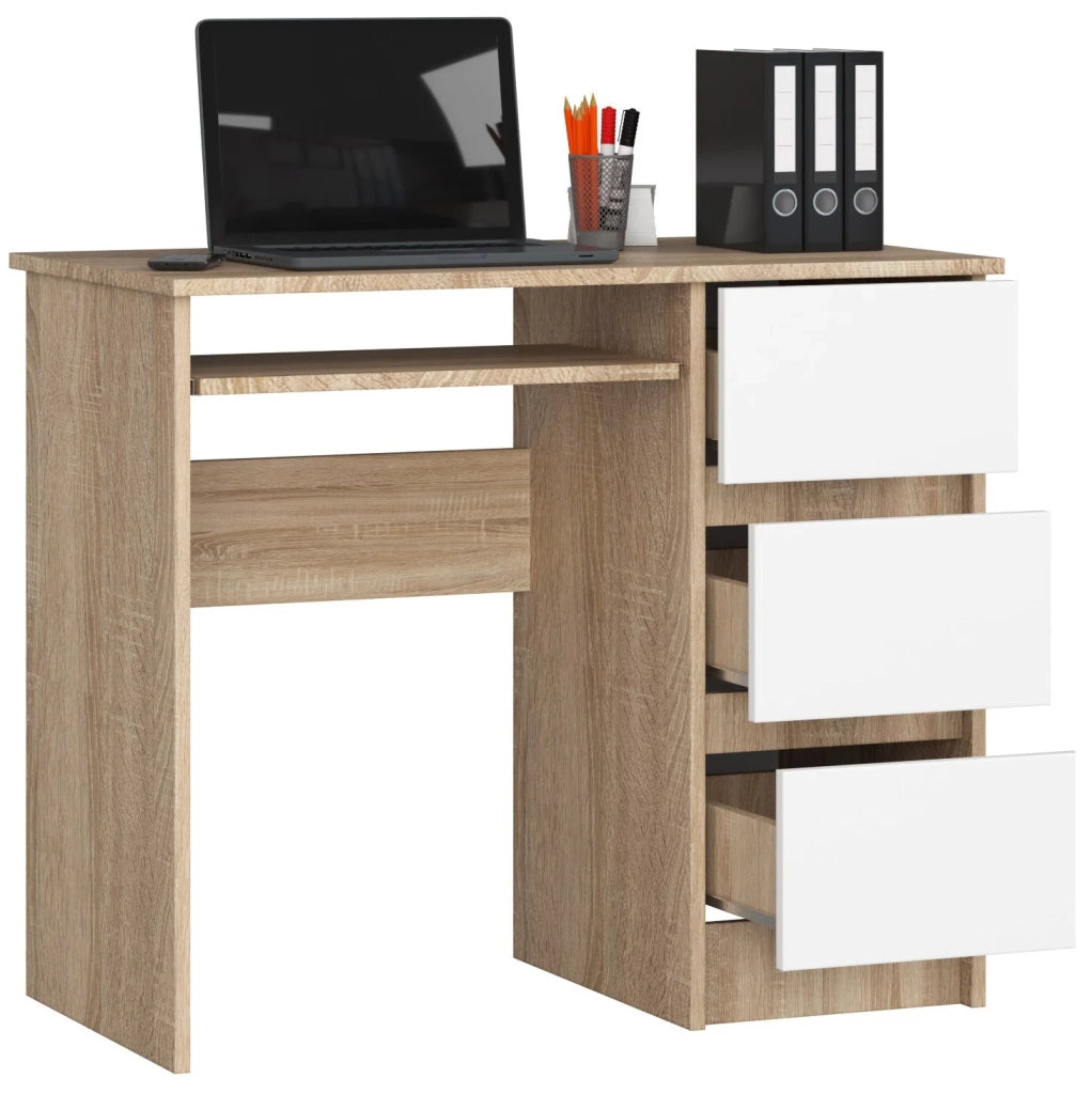 Scrivania per computer AKORD A6 Sonoma Quercia 90 cm 3 cassetti inserto frontale Bianco 90x50x77 cm Modello a destra