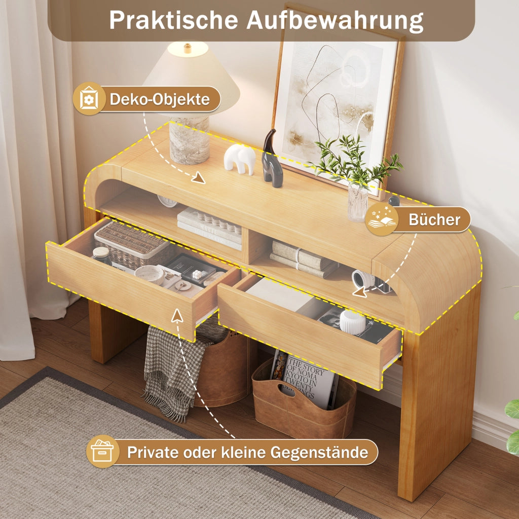 Consolle con 2 cassetti e vani aperti, piedi regolabili, per ingresso e soggiorno, in MDF, naturale 120 × 35.5 × 76.5 cm