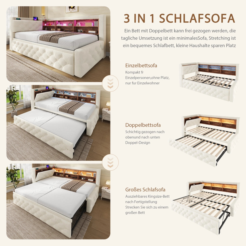 DIVANO LETTO Estraibile 90x190 cm Velluto Beige con USB e Type-C