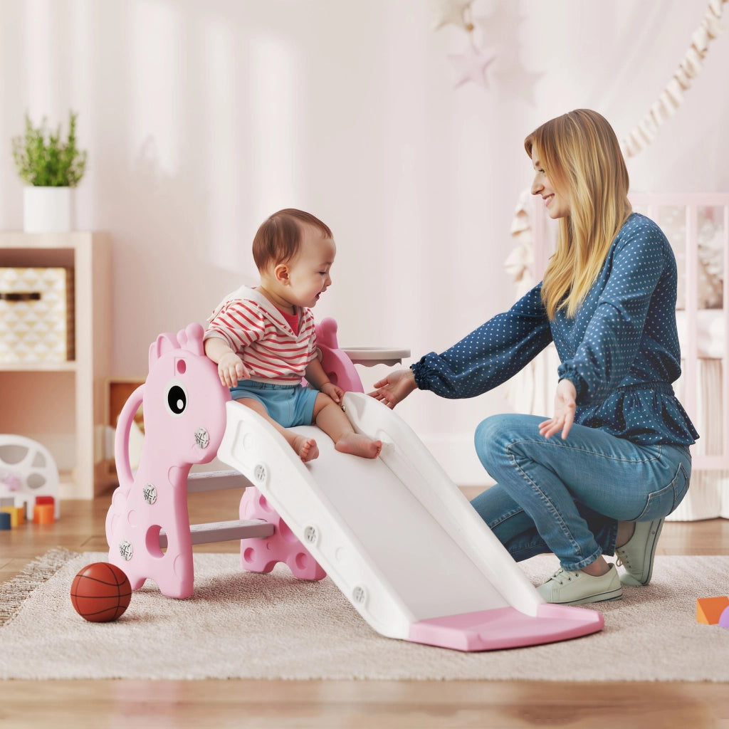 Scivolo 3 in 1 per Bambini Forma Giraffa con Canestro e Palla ¨C Xylo ¨C Rosa