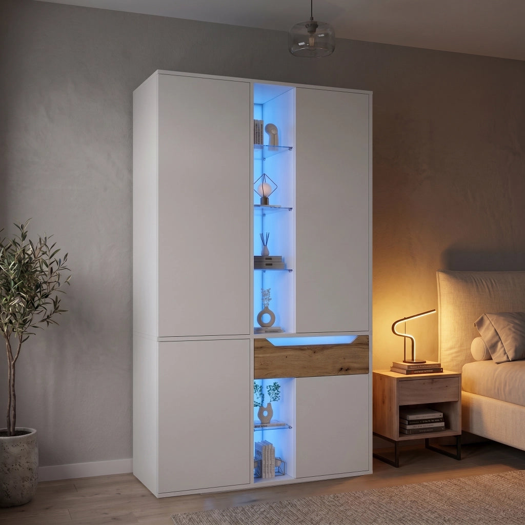 Armadio 122 x 50 x 200 cm; vetrina in vetro; LED; 1 asta appendiabiti; 1 cassetto; 6 scomparti chiusi e 6 aperti; bianco