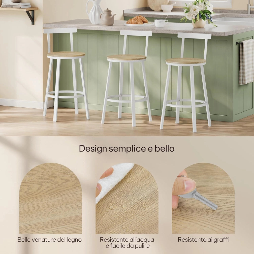 Sgabelli Cucina Set di 2, Sgabelli da Bar per Colazione, con Poggiapiedi e Schienale, Struttura in Metallo, Effetto Legno Chiaro