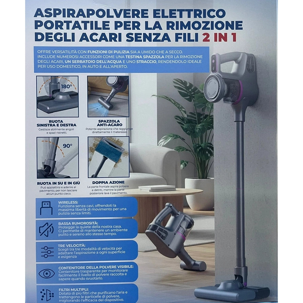 Trade Shop - Aspirapolvere Portatile Multifunzione Senza Fili 2in1 Per Acari Materassi Tappeti Pavimenti -