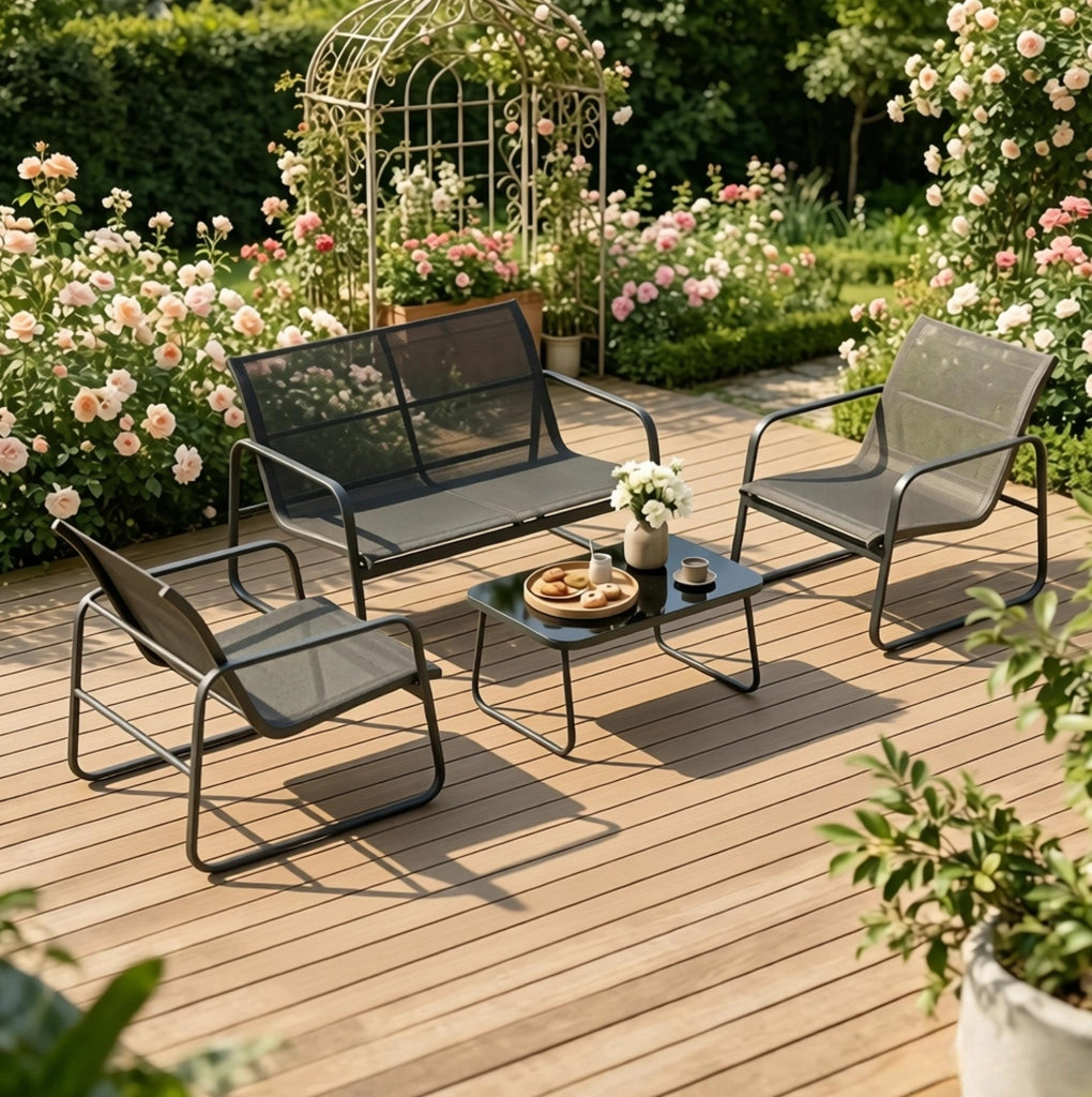 Set da giardino 4 pezzi con divanetto; 2 poltrone e tavolino in vetro temperato; nero e grigio scuro