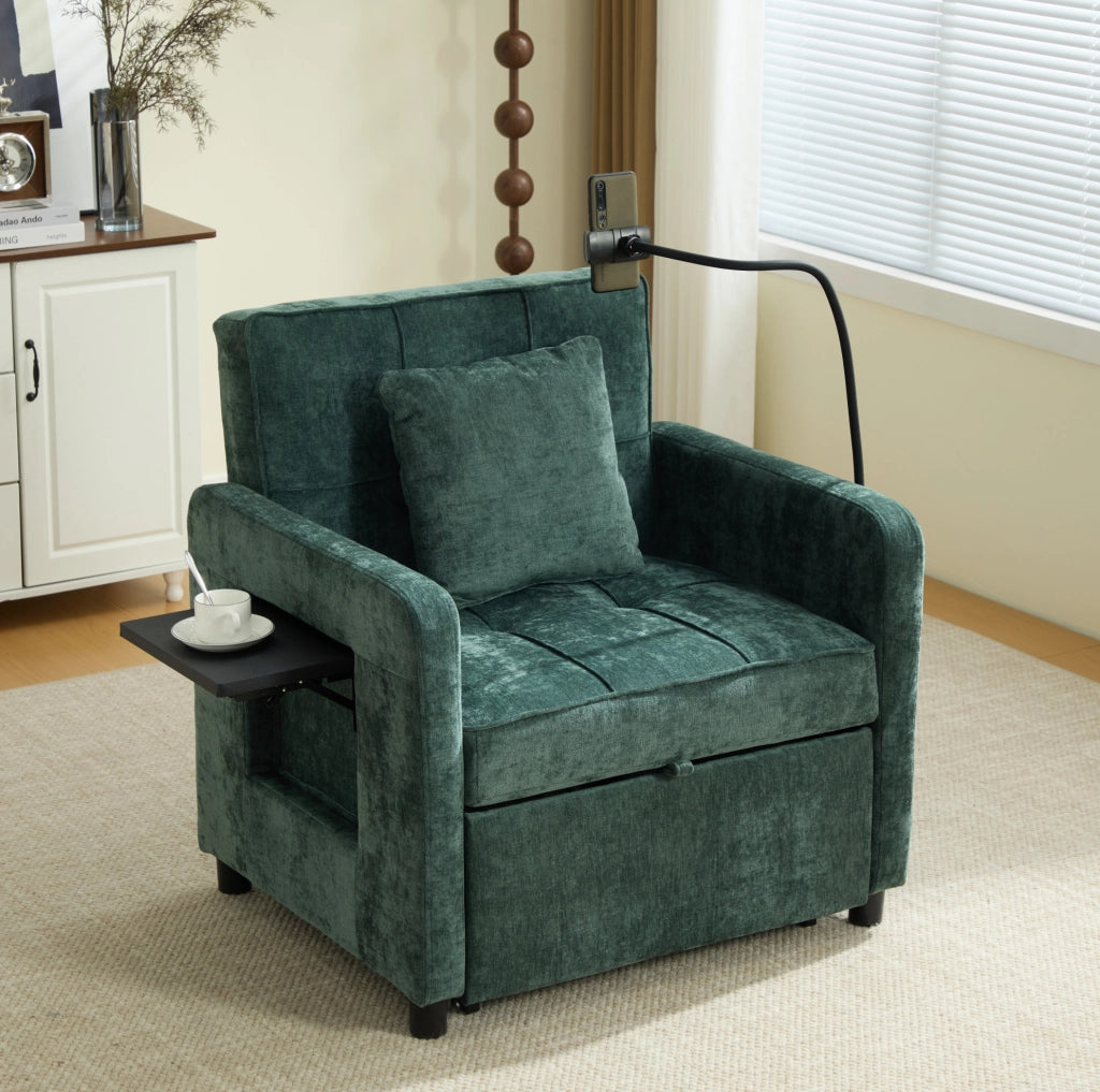 Poltrona letto 2 in 1 in tessuto Chenille verde con tavolino e scomparti portaoggetti