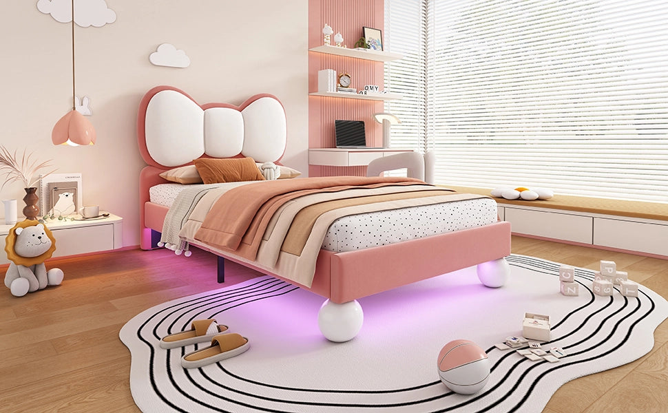 DESMIU Letto bambino 90 × 200 cm con testiera a farfalla e striscia LED regolabile, senza materasso, in velluto, rosa beige