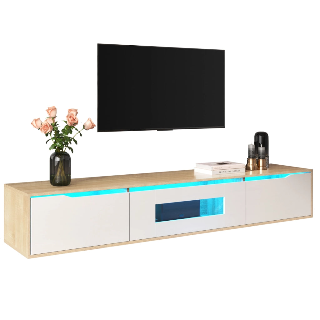Mobile TV con Ante Scanalate e LED 16 Colori; Bianco Lucido e Effetto Legno; 180¡Á35¡Á30 cm; in Pannello Truciolare