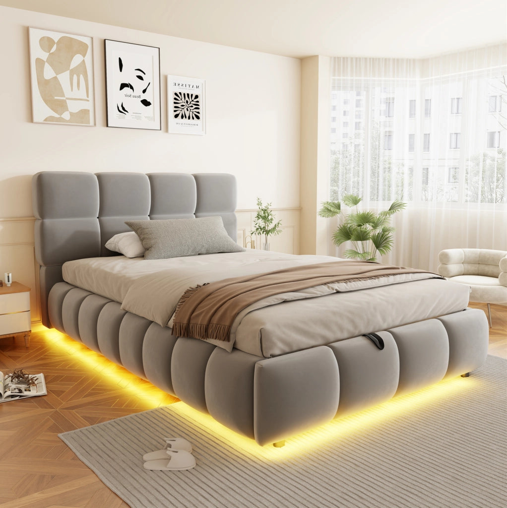 Letto imbottito 90x200 cm in velluto grigio con contenitore; LED e rete a doghe