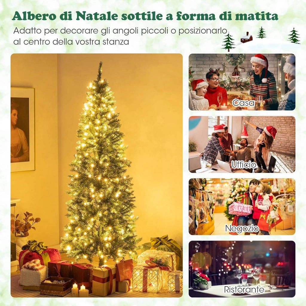 Albero di Natale Slim con Luci 150/180cm, Albero di Natale Innevato con 408/618/818/1298 Punte, 200/250/350/500 Luci LED Bianche Calde, Supporto in Metallo Pieghevole (180 cm)