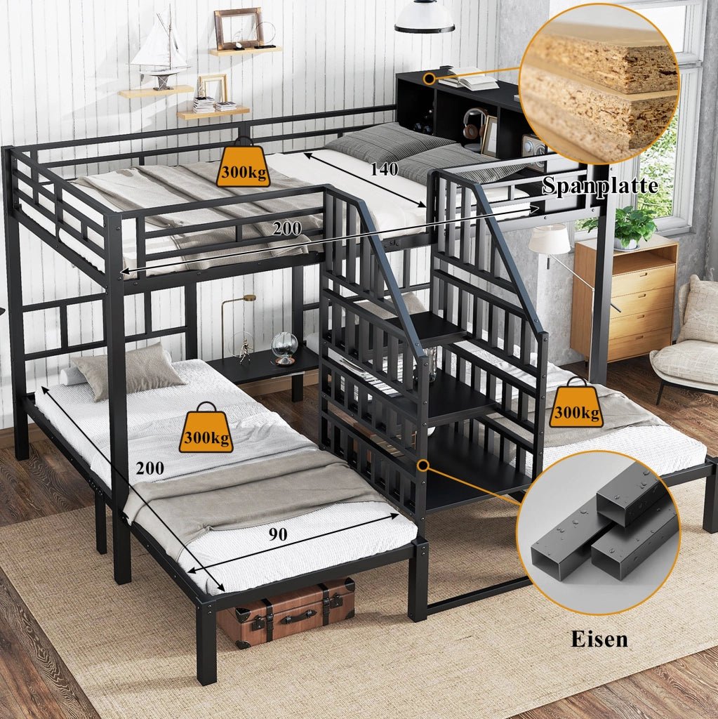 Letto a castello in ferro 3 posti con scala e contenitore; nero; 90x200 e 140x200 cm