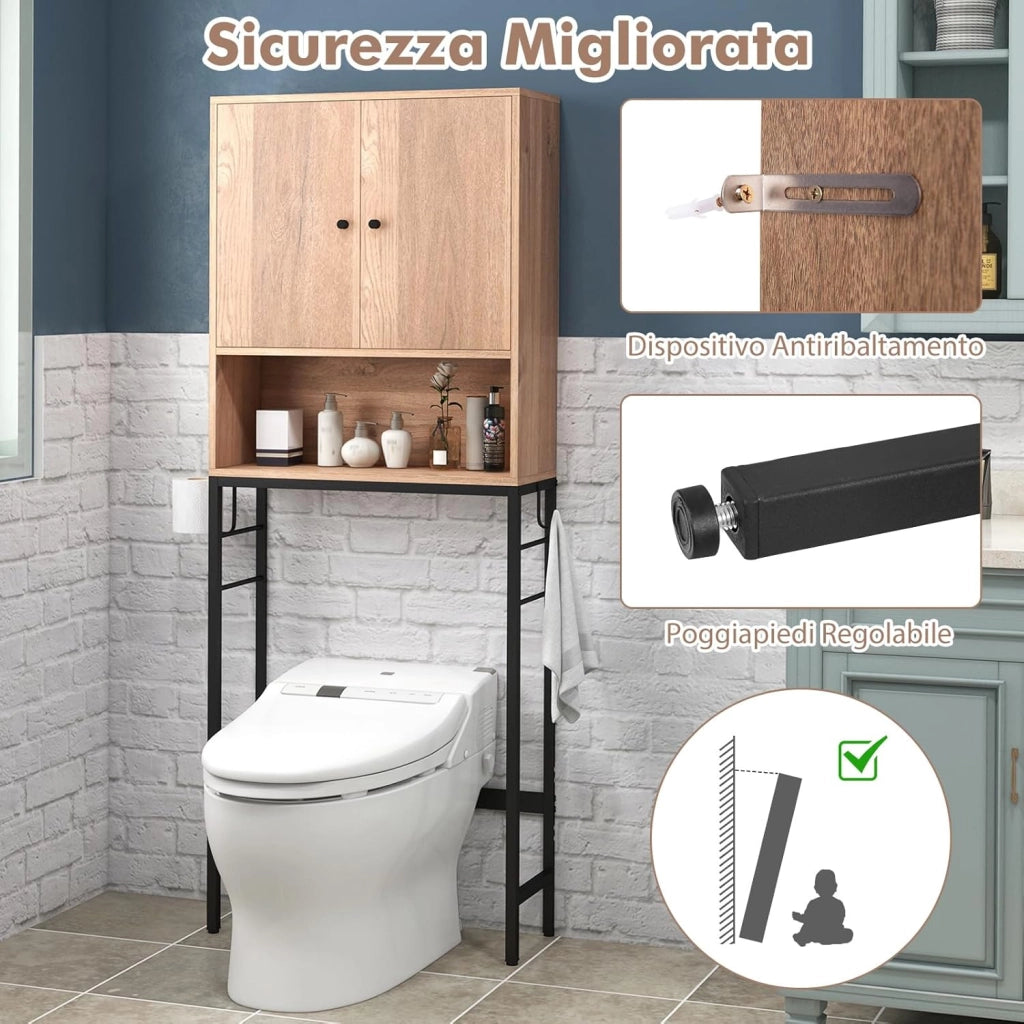 Scaffale Bagno 165,5 cm Sopra WC, Mobile Bagno Salvaspazio con 2 Porte, Ripiano Regolabile, Bara Inferiore Regolabile, 2 Ganci Laterali, Organizzatore sopra Gabinetto per Lavanderia (Naturale)