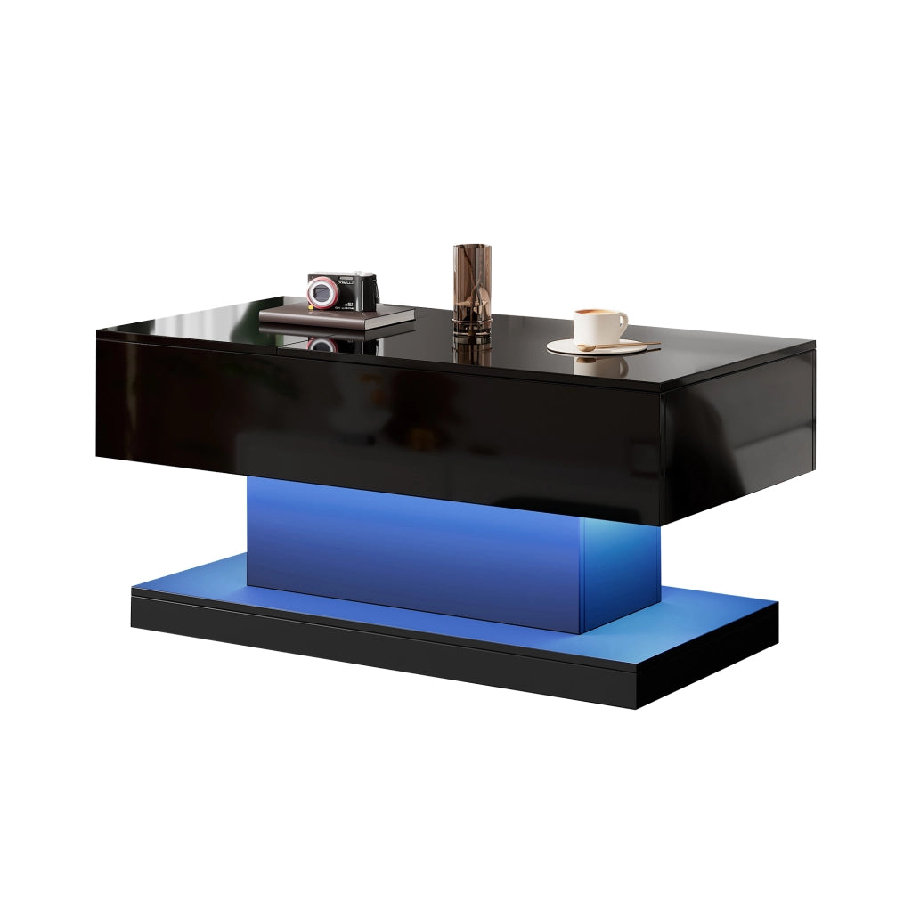 Tavolino da caff¨¨ moderno con sollevamento idraulico, piano scorrevole, LED e vano contenitore 100x50x45 cm nero