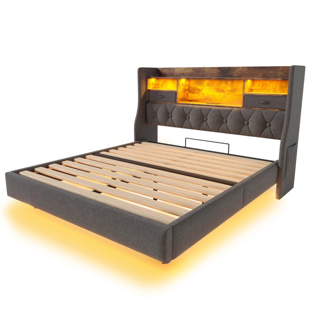 Letto Imbottito Contenitore 140x190 con LED e Testiera ¨C Xylo ¨C Grigio, Tessuto, Rete a Doghe