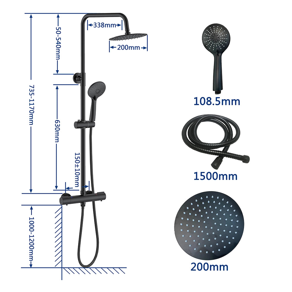 AICA ITALY Sistema Doccia con Miscelatore Termostatico a 38℃ e Doccetta Rotonda Altezza Regolabile 72-120cm Nero