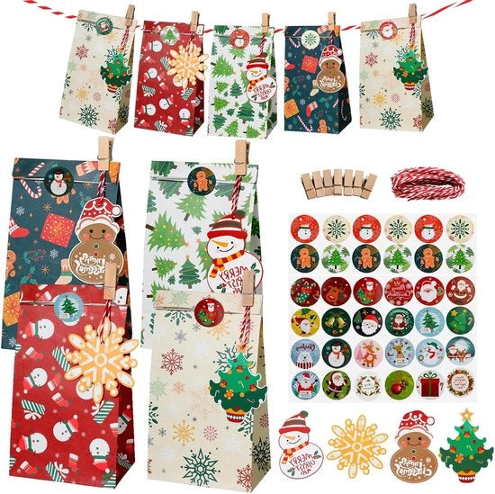 Set di cartoncini di Natale - 24 pezzi - sacchi di festa - sacchi di regalo - haring di legno - etichette di Natale - adesivi - corda - set di sacchetti per attività - feste di vacanza