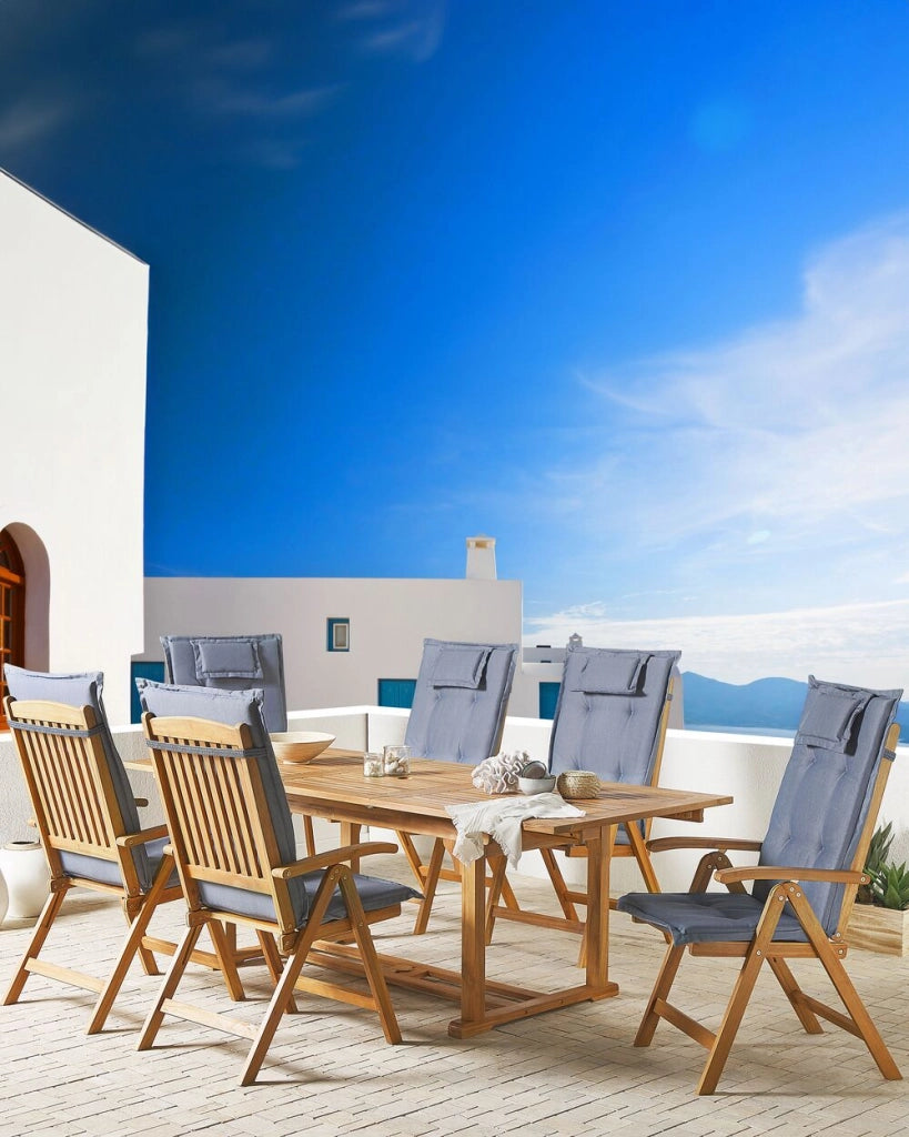 Set di 6 sedie da giardino in legno di acacia chiaro con cuscini blu pieghevole in stile rustico resistente ai raggi UV