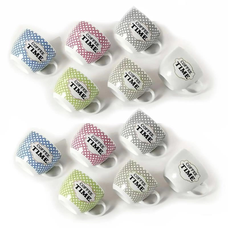 SET 12 TAZZINE DA CAFFE "COFEE TIME" A QUADRETTI PASTELLO 80CC ASSORTITO