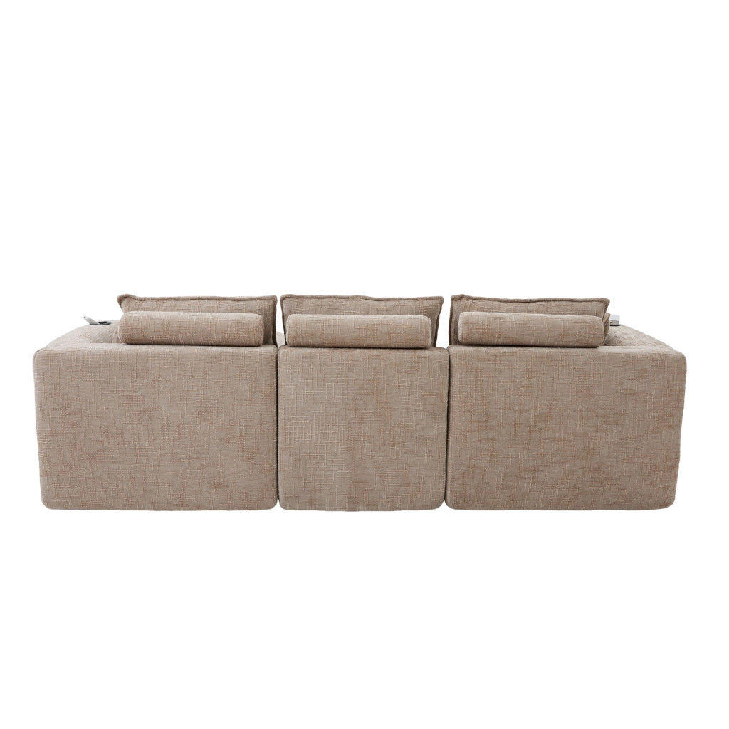 Divano modulare 3 posti color cachi con pouf; 256x161x75 cm; in ciniglia