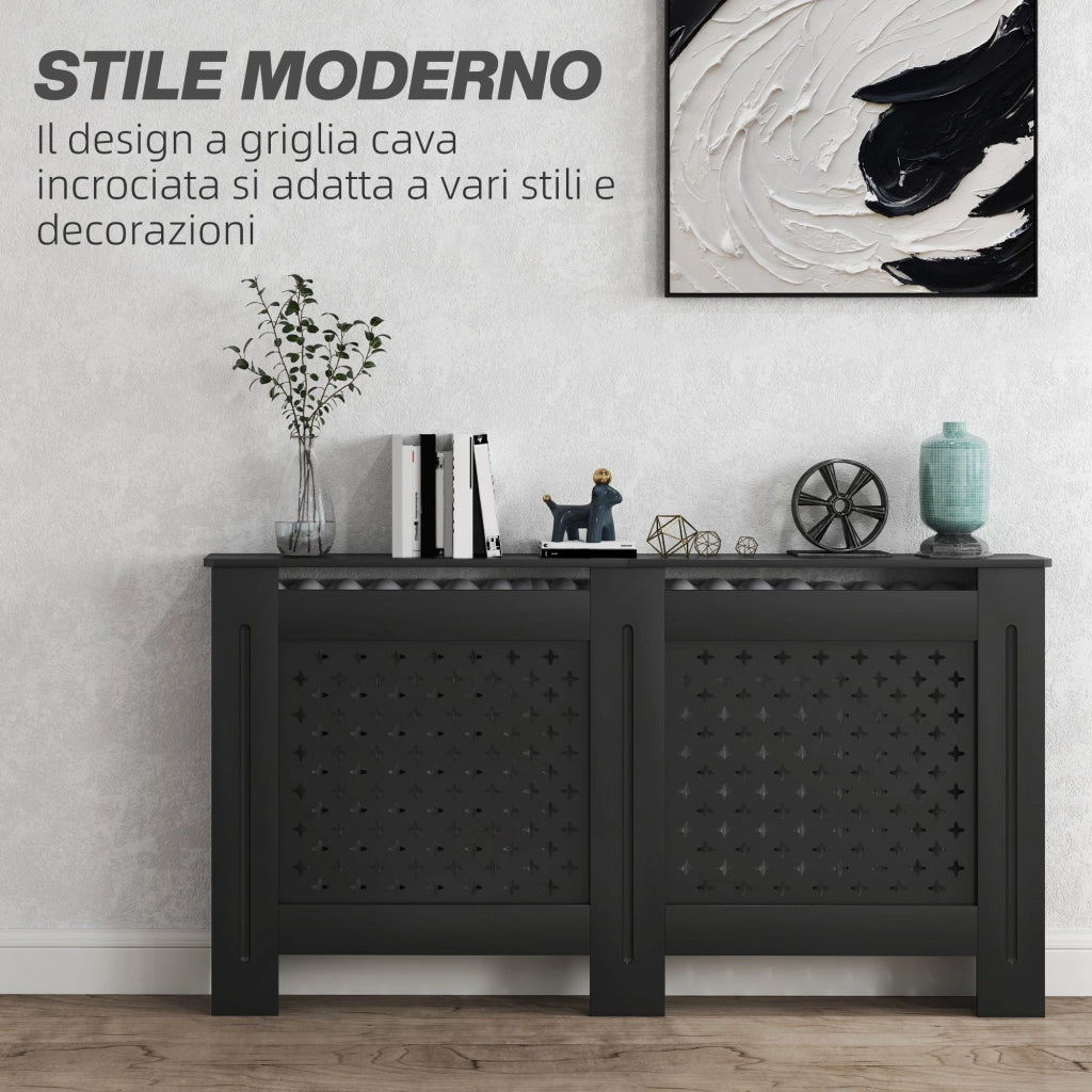 Copritermosifone Traforato a Croce con Ripiano e Fissaggio a Muro 152x19x82 cm in Legno MDF Nero