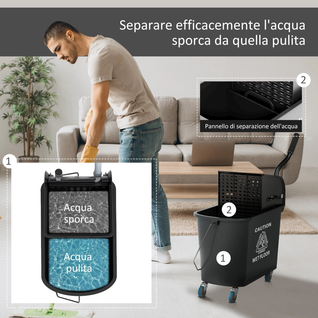 Carrello per Pulizie in Plastica PP da 20L con Secchio e Strizzatore, 60x27x70.5 cm, Nero