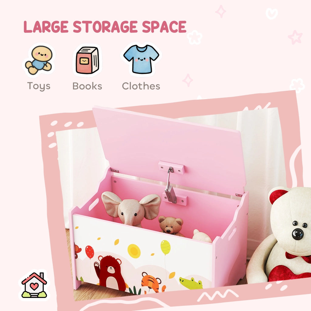 Baule Portagiochi per Bambini Tema Animali 60x37x39 cm con Cerniere di Sicurezza in Legno Rosa