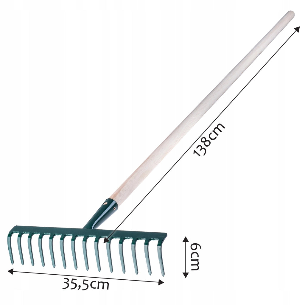 Rastrello per foglie KADAX per giardino, con manico in legno, lunghezza 138 cm, 14 denti, robusto.