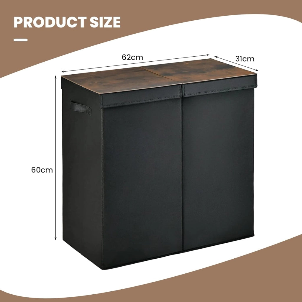 Cesto Portabiancheria Sporco da 115 L con Coperchio, Cesta Portabiancheria da 2 Scomparti Divisi con Maniglie, Cesta Biancheria in Tessuto per Camera Bagno, 62x31x60 cm, 2 Colori (Nero)