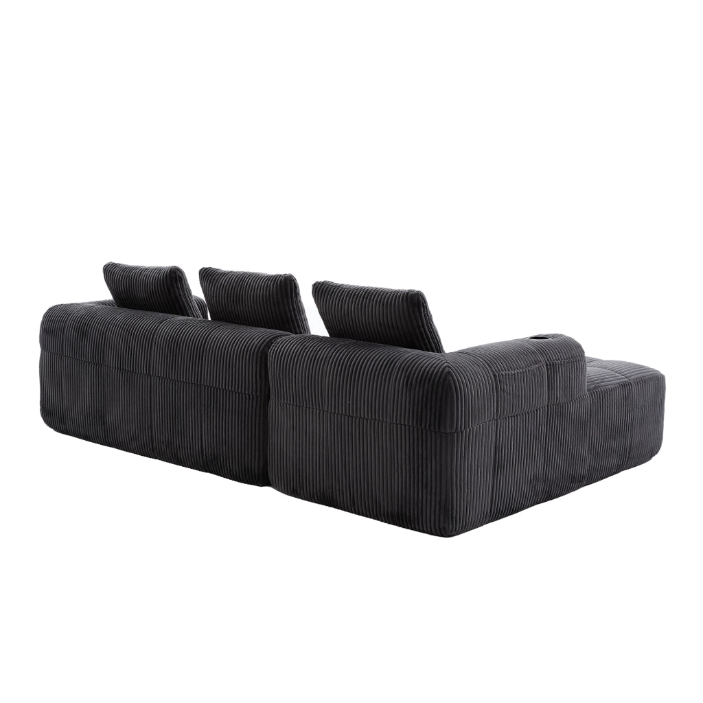 Divano Modulare con Tasche Laterali e Portabicchieri, 3 Cuscini, in Corduroy Grigio Scuro, 253 × 158 × 61 cm