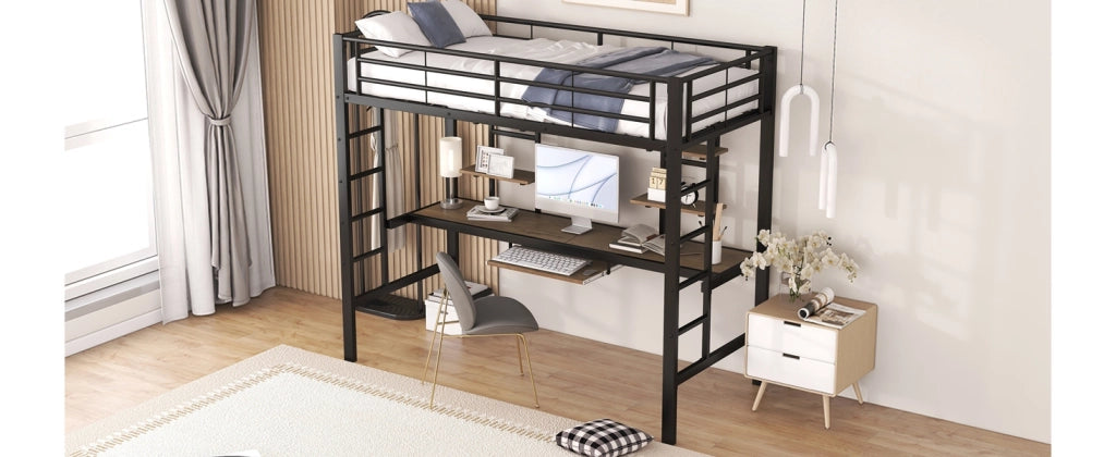 DESMIU Letto A Soppalco Singolo con Scrivania, 2 Scaffali e Scala 90 × 200 cm, Senza Materasso, Metallo Nero