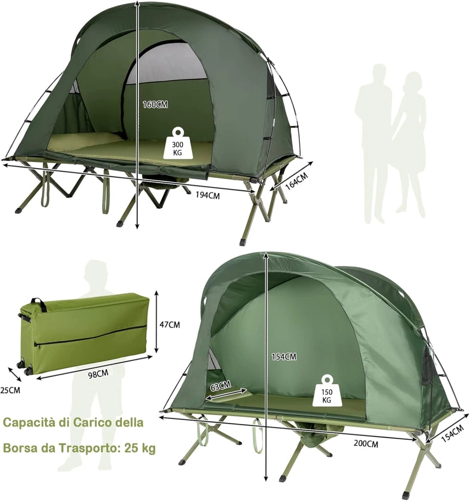 4 in 1 Tenda da Campeggio Rialzata per 2 Persone, Letto Brandina da Campeggio Pieghevole con Materasso Gonfiabile Automatico, Tenda a Doppio Strato Impermeabile e Antivento con Borsa
