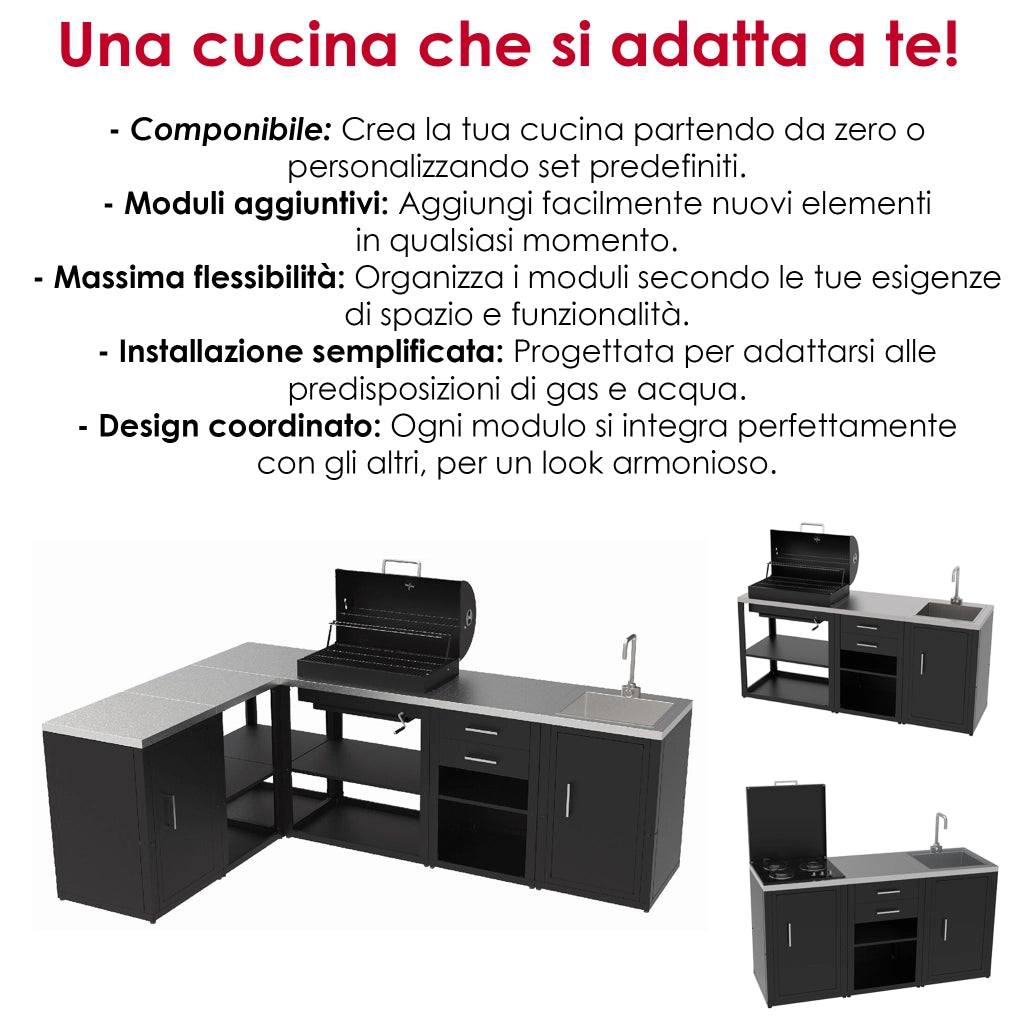 Modulo Piano Outdoor con Scaffale Aperto in Acciaio Inox – Cucina da Esterno Modulare
