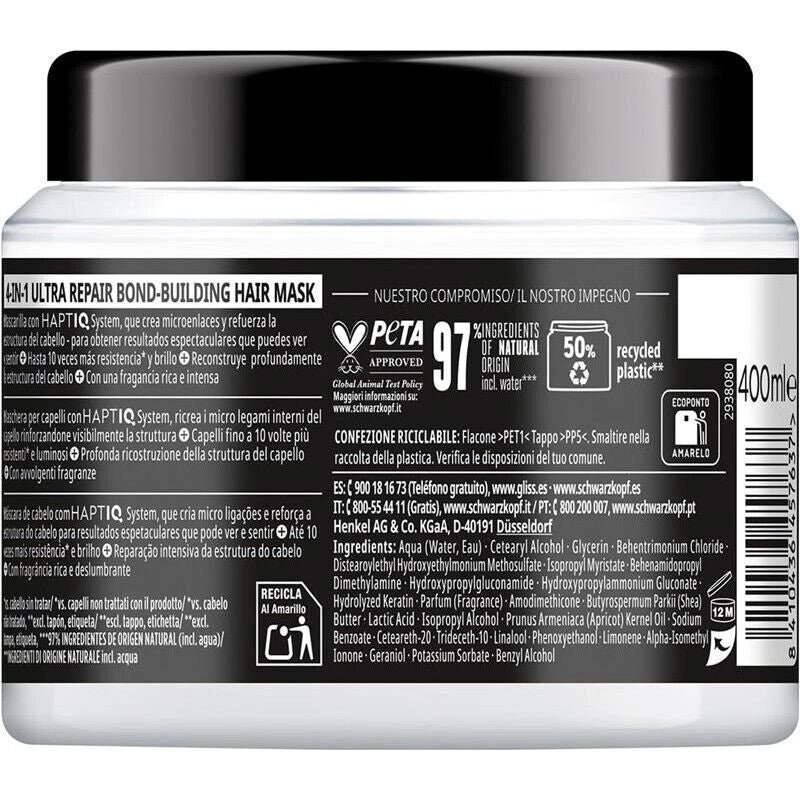 SCHWARZKOPF GLISS 4-IN-1 MASCHERA CAPELLI ULTRA REPAIR CAPELLI DANNEGGIATI E SECCHI 400 ML CON KERATINA