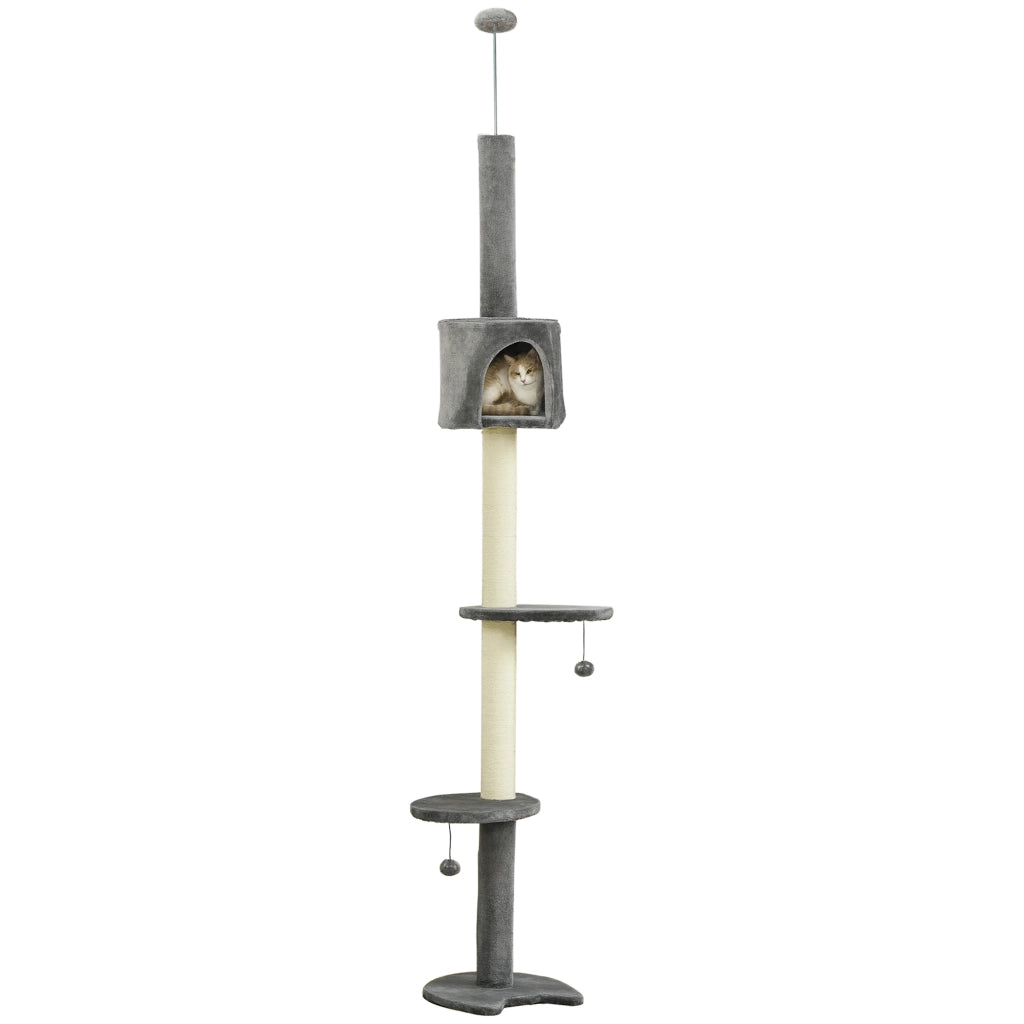 Albero tiragraffi per gatti con piattaforme, grotta e pali in sisal ¨C Zephmum ¨C Grigio chiaro, 255 cm