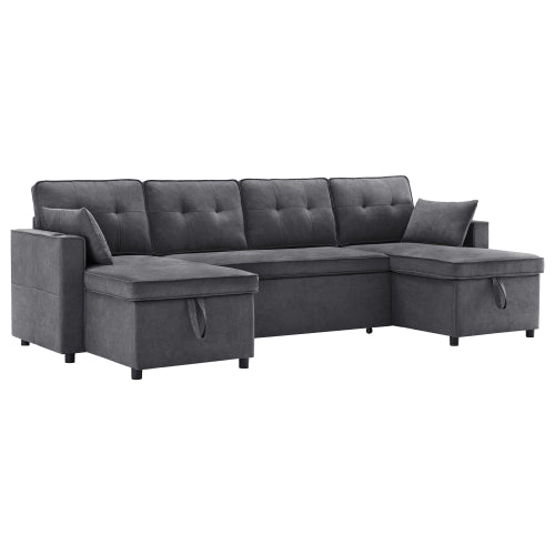 Divano letto a U - Xylo - Tessuto cotone lino grigio, porta bicchieri, 2 spazi di archiviazione