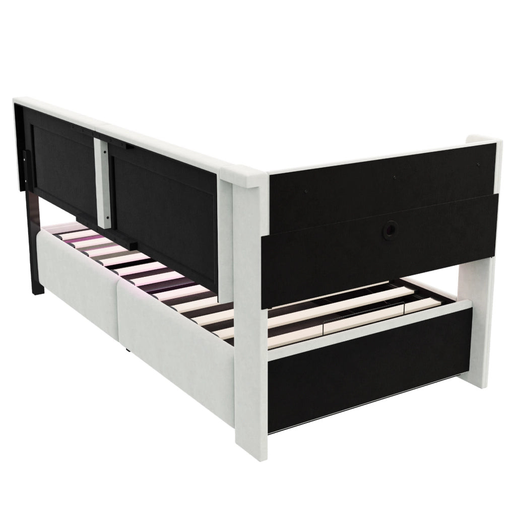 Divano letto imbottito 90x200 cm in velluto beige con LED; USB e contenitore